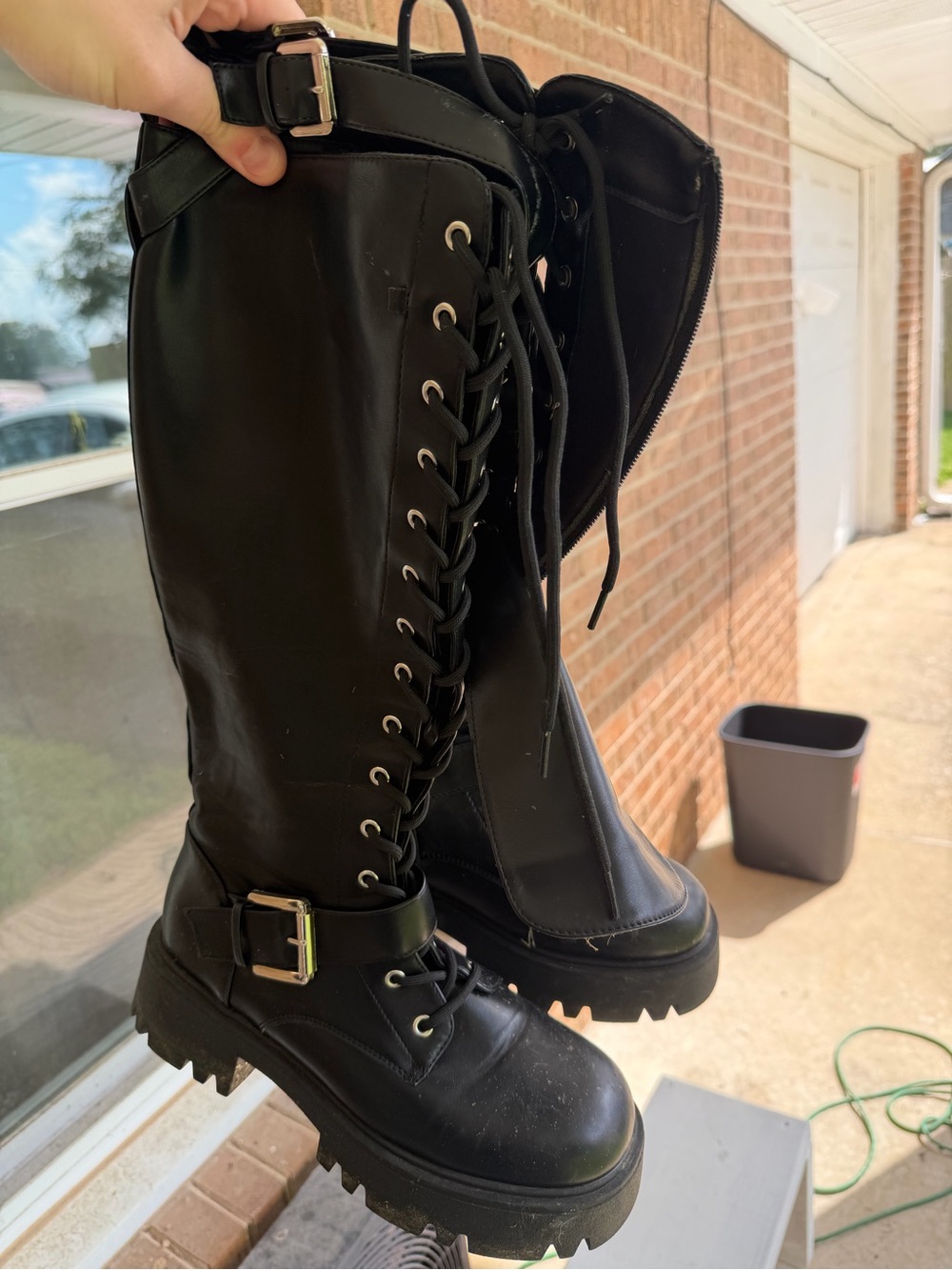 Dream Pairs Black Lace-Up Knee-High Combat Boots with Buckle
